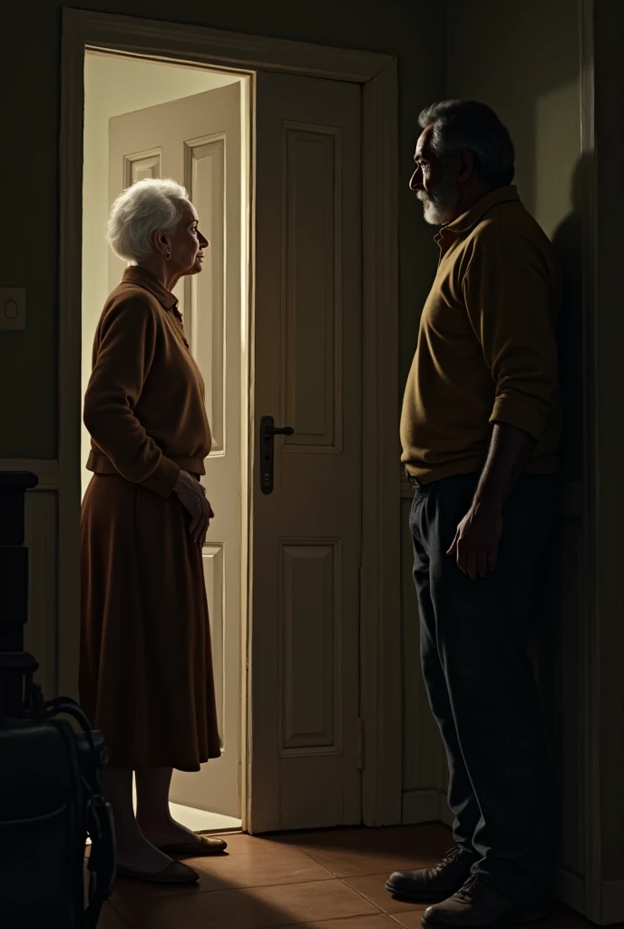 A door opening while a white-haired woman looks out the door and a dark-skinned man with a bit of a beard looks at the door that is being knocked on. 