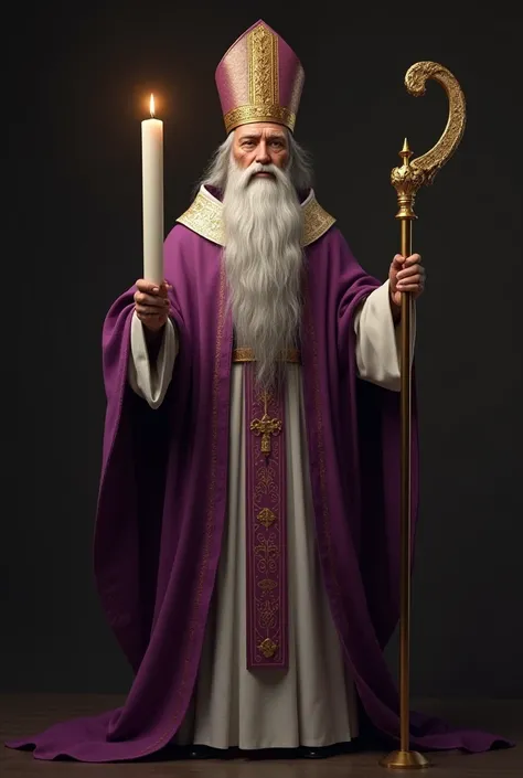 Realistic image of ((São Brás)) Catholic saint, in bishop's costume, miter, purple color, white beard and with large and thin candle crossed in his hand and crosier, full body.