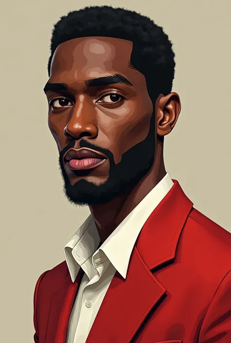 Broad faced black man with big eyes and pronounced lips with a thin face, red suit and white blouse, A Gentelman 