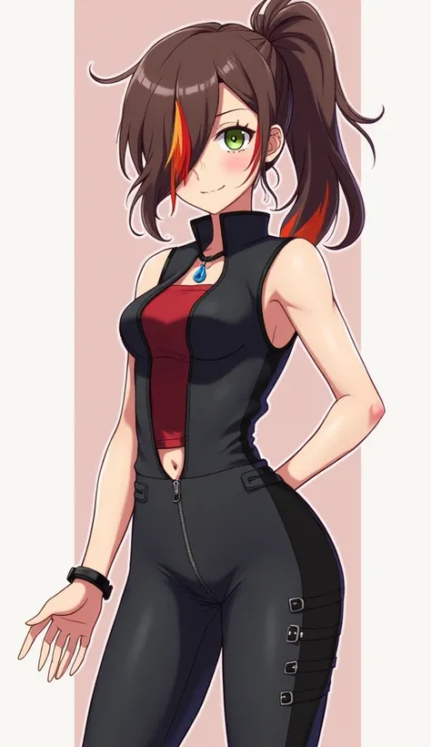 Anime tomboy brown ponytail hair right eye covered by red, orange, and yellow highlights in her hair green left eye blue fire charm necklace with ruby black high-collared, sleeveless unzipped jumpsuit with black side paneling blue fire decor red tube top u...