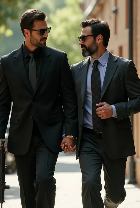  Handsome and intimidating man with short dark hair with a short fledgling beard in his 30s , tall and stocky dressed in a black suit and dark glasses ,  carrying a submachine gun , holding hands and looking with love at a handsome and elegant man in his 4...