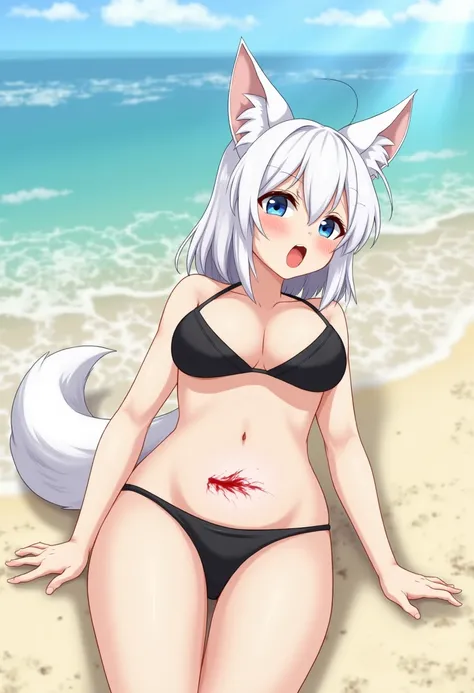 anime girl ,  blue eyes , subtle body , faint fright  ,  white hair up to the shoulders, fox ears and tail,  flat stomach,  big navel  ,  in a black bikini  ,  Intense sexual arousal, lying on the beach, stomach aches  ,  stained with blood from the navel ...