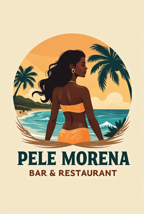 Logo for a bar and restaurant "pele morena" on the beach,brown and white color