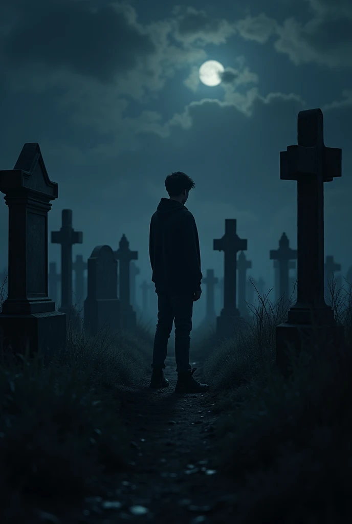 A grown boy stands beside a grave in the dark of night with many graves beside him