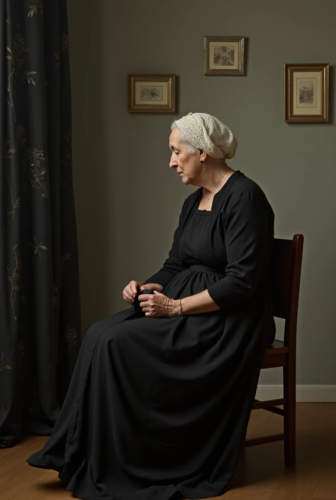 A classic oil painting of an elderly woman sitting in profile on a wooden chair, wearing a black dress and a white lace bonnet, holding a handkerchief in her lap. The background features a simple gray wall with two framed pictures and a black curtain with ...