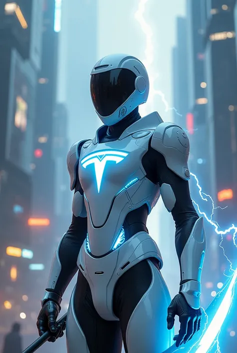 Tesla Warrior
A futuristic warrior wearing sleek, minimalist silver and white armor with glowing blue accents, representing Tesla's innovation and electric power. The Tesla logo is prominently displayed on their chest, glowing with electric energy. Their w...