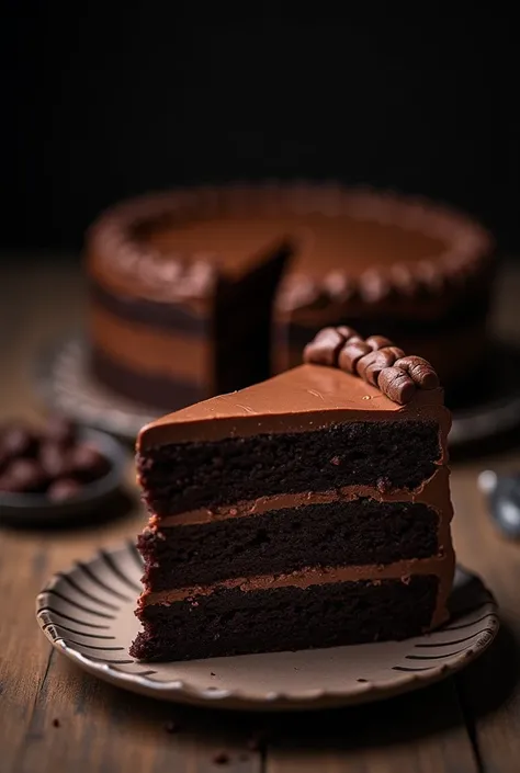 cinematic film still chocolate, chocolate cake, dark background, quality photo, moist texture, frosting, studio photo, slice . shallow depth of field, vignette, highly detailed, high budget, bokeh, cinemascope, moody, epic, gorgeous, film grain, grainy