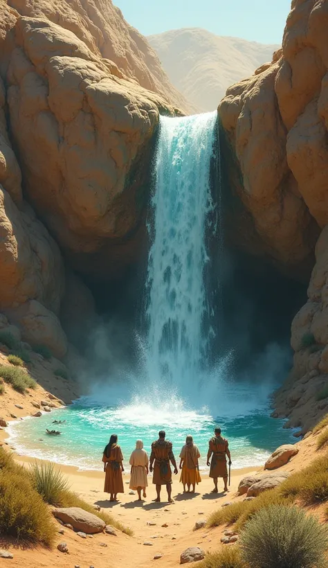 Water miraculously gushing out of a solid boulder in the desert, with companions watching in awe and reverence."