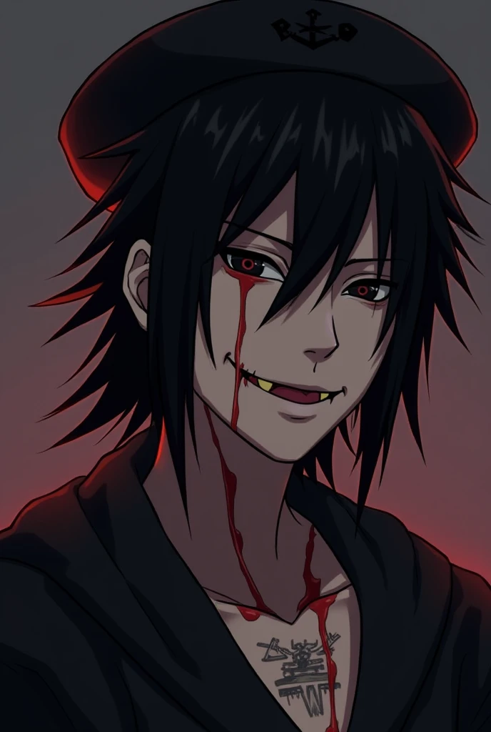 Create a representation of death in a dark way but as an icon for me to use on my Twitch channel where my name is D3athMorte, I want him to have blood between his teeth and to be giving off a sarcastic murderer's smile, black eyes with a bright spot, Sligh...