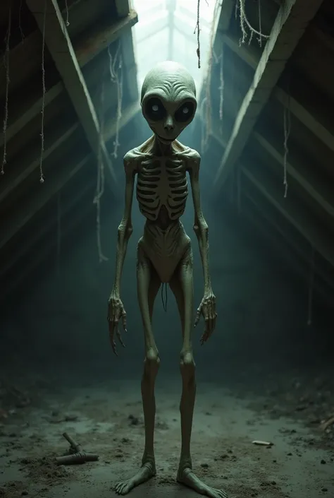 A twisted and terrifying humanoid creature, with a thin and deformed body, pale almost translucent skin, and two deep black, terrifying eyes. It stands in an abandoned attic, filled with rotting wooden beams and cobwebs covering the dark ceiling. Light fil...