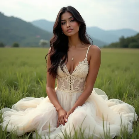 ((   Full body image front view of a beautiful Colombian woman sitting on the grass.   Luciana , 29,  with Latin skin and beautiful eyes, long hair, wavy and dark ,   black eyes ,    She wears a stunning cream dress ,  with a corset-like bodice that featur...