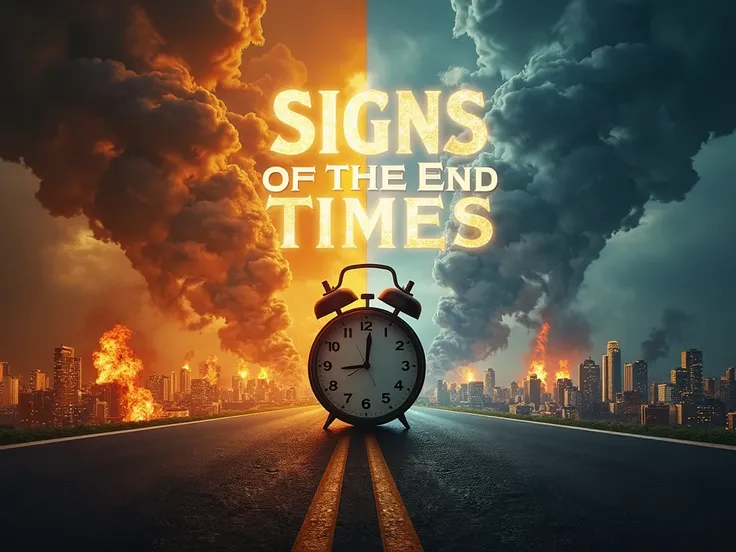  A background divided in half : on one side, natural disaster scenes such as earthquakes and storms ;  on the other,  a heavenly vision with golden lights and peaceful .  at the city centre,  a clock almost reaching midnight , representing time running out...