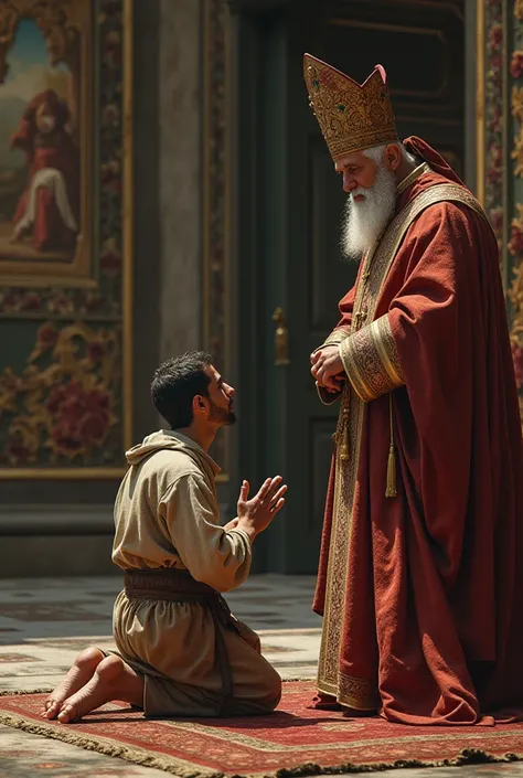 Barefoot wanderer kneeling before the 15th century pope