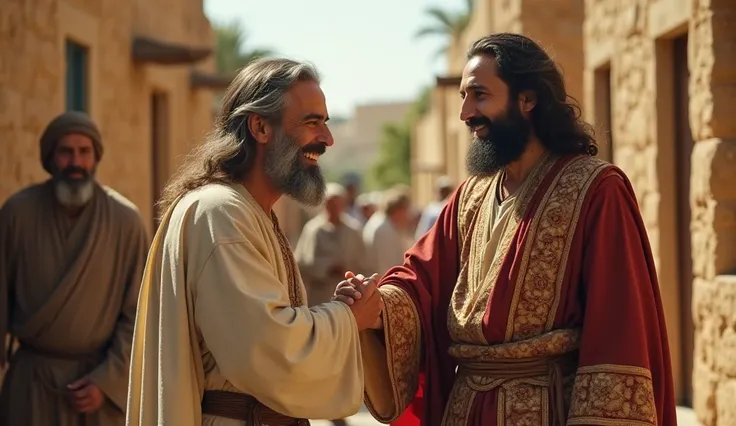  In a quiet street in a village in Israel , Jesus Christ,  with a simple and radiant tunic ,  is at the center of a moment of compassion and welcome .  He smiles affectionately while embracing an elderly and poor person ,  dressed in humble and worn clothe...