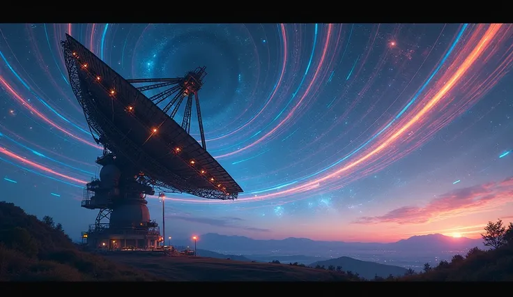 " A giant radio telescope pointed at the night sky ,  with colorful radio waves coming out of it and spreading through space. In the background, a distant galaxy shines ,  suggesting the possibility of an alien message ."