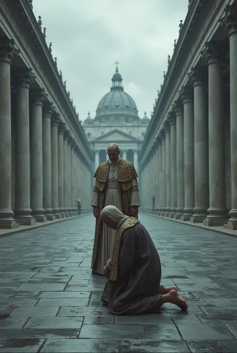 Barefoot wanderer in the cold courtyard kneeling before Pope XV