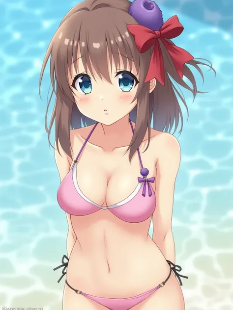  She has brown hair that is shoulder length, with a purple tuft on one side ,  tied in a bun with a large red ribbon . His eyes are big,  blue and expressive. The young woman wears a pink bikini ,  with a small purple ribbon on the bra .   The bikini is si...