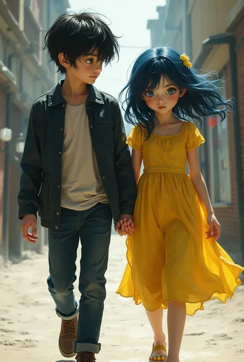 A boy with dark silky hair and gray eyes with the face of a badboy , Walking with one with dark blue hair and blue eyes in a yellow dress 