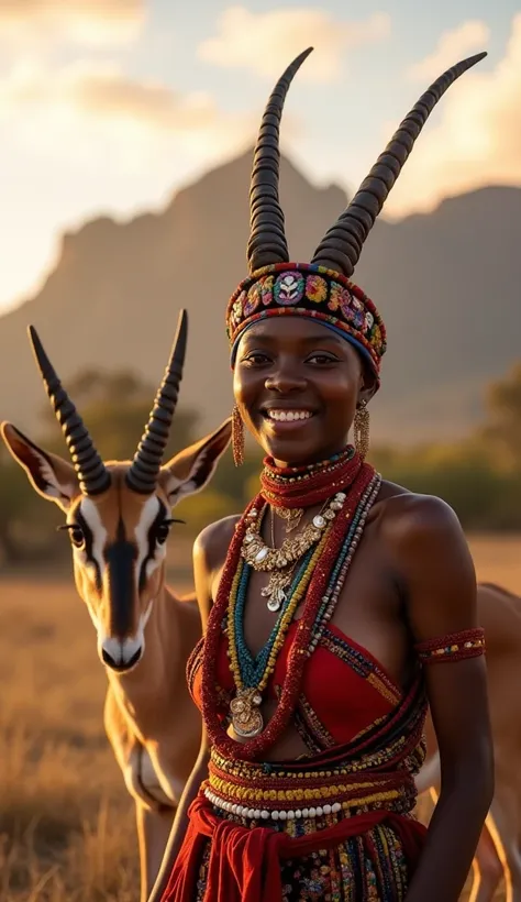 “Picture a lively South African scene: a cheerful  dressed in traditional Xhosa attire, complete with colorful beads and intricate patterns, standing proudly beside a majestic springbok, the national animal of South Africa. The ’s bright smile mirrors the ...