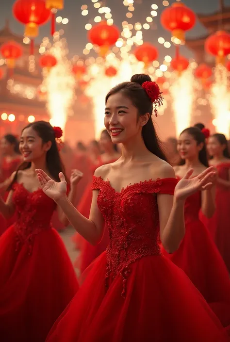 pretty girls in red extravagant dress , giving palm and fist greeting, at chinese new year celebration at its finest, with lanterns, firecrackers, fireworks, , uhd, 64k, best quality, dramatic, taken with canon eos r8,