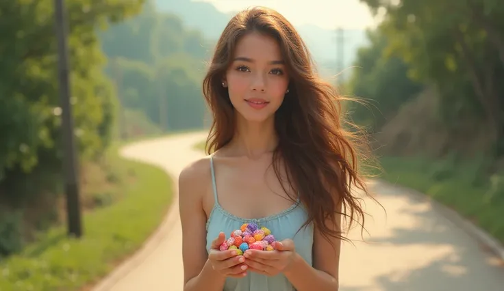 a young beautiful lady with brown hairs on road and have some candies in his hand 