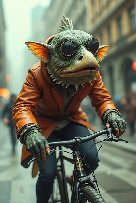 create a woman-lipped, eagle-eyed fish with sunglasses and a monkey-handed machine gun on a bicycle as he robs Spain's central bank in the future