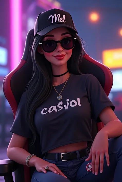  Full body image  ,  Mel is a Disney Pixar style girl ,  She is sitting on a gamer chair  , has long black hair, SHE HAS A CURVY BODY  ,brown eyes,  with black sunglasses ,  wearing a black cap that says "Mel",  she is wearing an oversized t-shirt  ,   she...