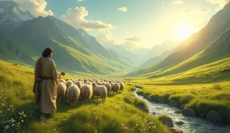 Create a scene of a shepherd guiding his sheep through a serene valley, symbolizing God’s care and protection, aspect ratio 16:9.
