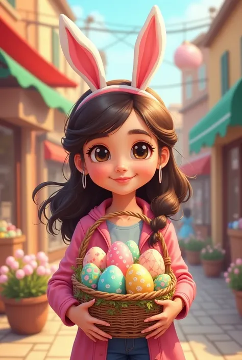 Create a consumerist illustration in cartoon style inspired by the Easter holiday,  In the center of the picture should appear one or two main characters : for example a girl with a rabbit headband , holding a basket of large decorated chocolate easter egg...