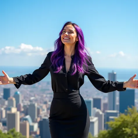 The woman stands confidently on a high vantage point, the breathtaking cityscape stretching out behind her under a clear blue sky. She wears a stylish black skirt that flows elegantly around her toned legs, paired with a fitted black blouse that highlights...