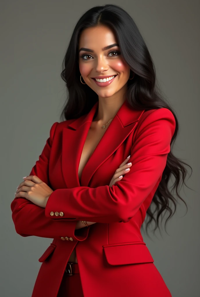 Create a realistic female character dressed as a realtor with clothes in the color red #640D15 and gold C28327 with Brazilian likenesses smiling with arms crossed 