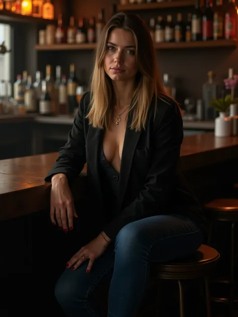  Ultrarealistic image . A 25-year-old German woman .  She has straight dark blond shoulder-length hair.  She is dressed in a black jacket . She is dressed in tight blue jeans . She is sitting at the bar in an old bar.