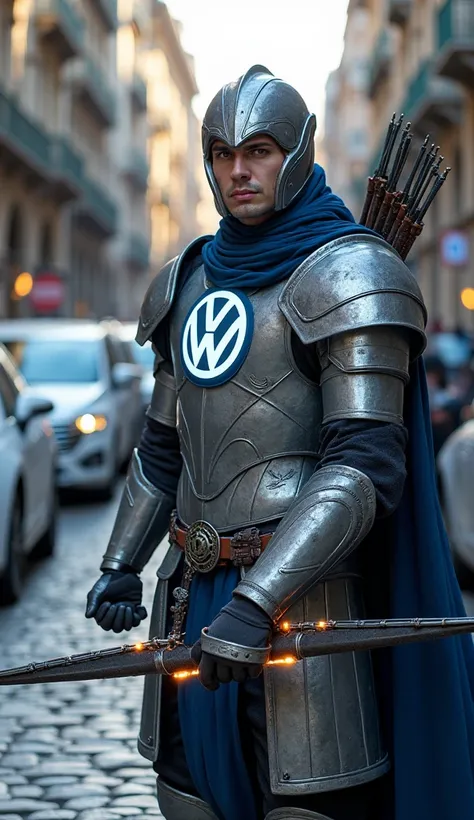 A charismatic and adaptable warrior wearing polished silver and deep blue armor, representing Volkswagen’s versatility and heritage. The VW logo is prominently displayed on their chest, glowing with soft white light. The warrior wields a powerful crossbow ...