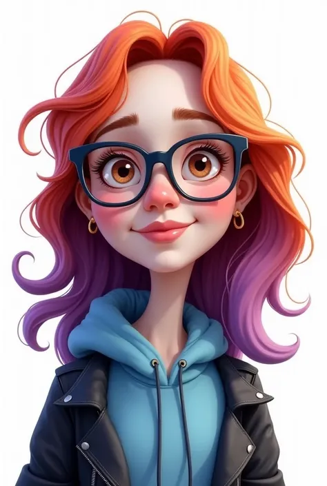  A cartoon image of a woman with white skin and red hair, With wavy purple locks, very short, Hazel-eyed with glasses,  with a blue sweatshirt and a black jacket on a white background 