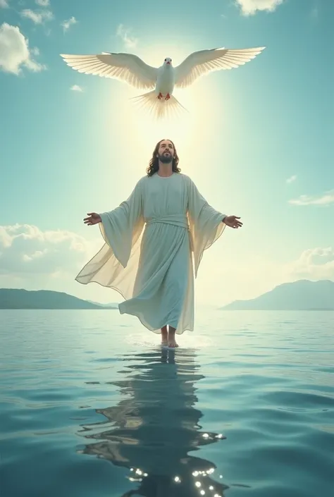 Jesus walking on water with a dove in the background 
