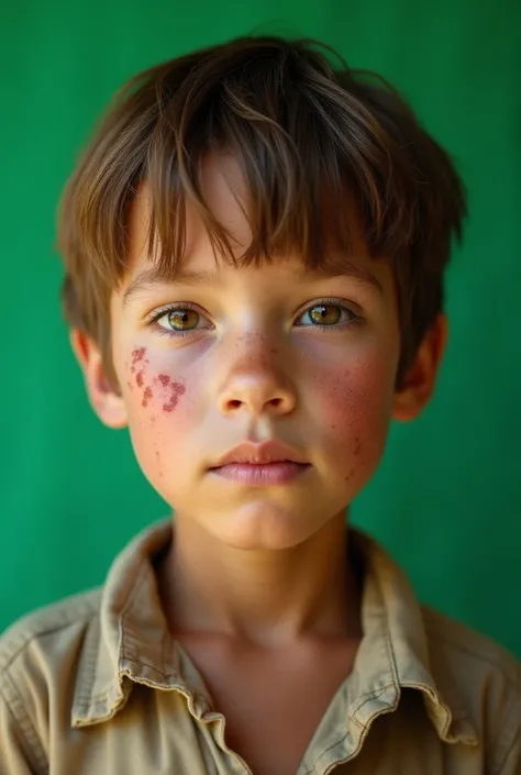  A young poor peasant boy face beautiful skin damaged by the sun friendly light brown eyes,  straight brown hair haircut , Vintage dress ,  is seen up close ,  green background chroma key 