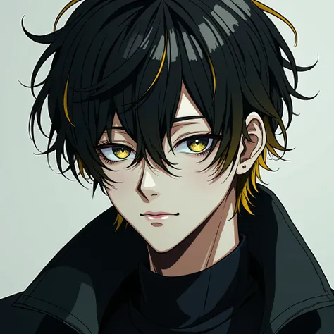  anime style,  male,  White skin color,  white eyes , black hair with yellow tips,  black clothes