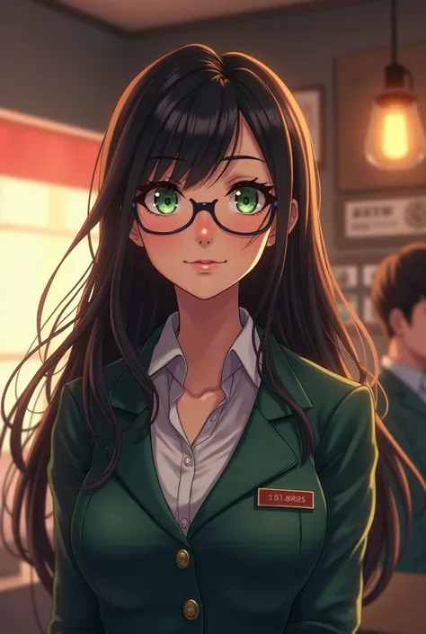  An animated image of a woman who works in maritime customs with long hair, limp, café,  And that it has fringes,  be a light-skinned woman , with green eyes and lenses 