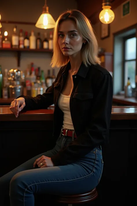  Ultrarealistic image . A 25-year-old German woman .  She has straight dark blond shoulder-length hair.  She is dressed in a black jacket and a white top .  She is dressed in tight blue jeans with a narrow red leather belt. She is sitting at the counter in...