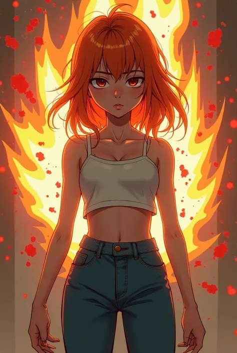 young girl Misty orange hair high-waisted mom jeans shirtless getting shot blood Beyblade style