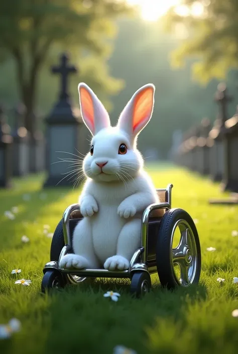 White rabbit sitting in wheelchair in cemetery 