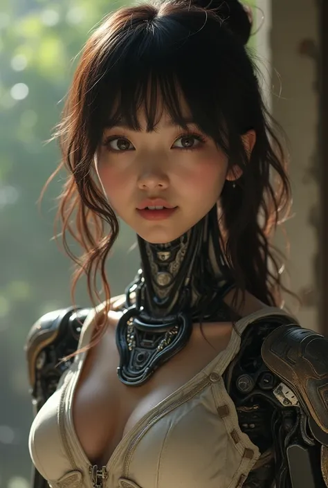   Korean hair bangs brown hair . Clothes after the apocalypse in a post-apocalypse setting.  from s.  She has a mechanical arm . The image focuses on the face of   .Lighting and solar  .She has a smile that
Spontaneous.She has a robotic arm 