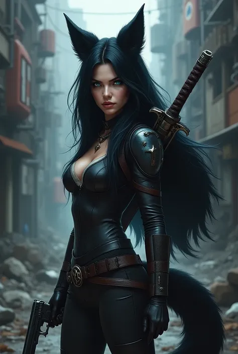 Woman Black hair, blue eyes, black wolf ears and black big fluffy tail, Zaun, a pistol at her side and a sword on her back 