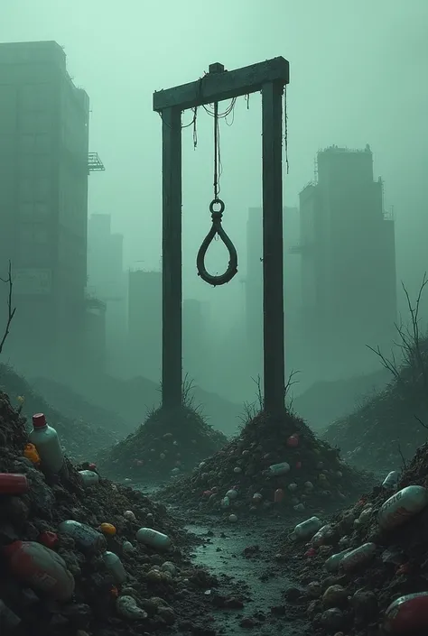 Une guillotine, une pile de déchets, un décor pollué, des bouteilles en plastique, brume, déchets, pollution