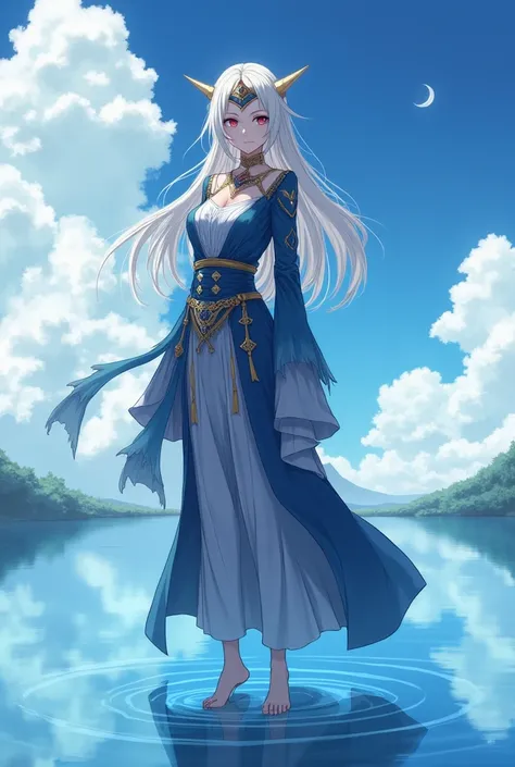 anime girl standing in the water with a sky background, delicate androgynous prince, beautiful androgynous prince, astral witch clothes, single character full body, full body with costume, ((wearing aristocrat robe)), full body character, lunar themed atti...