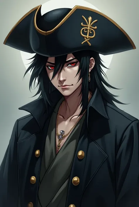 Create a character representing death , That has the expression of a psychopath , I want him to wear a pirate hat , Have a tattoo on his neck  , The hair similar to that of Itachi and Sasuke, Striking look dark and shining , Face in a normal shape and that...