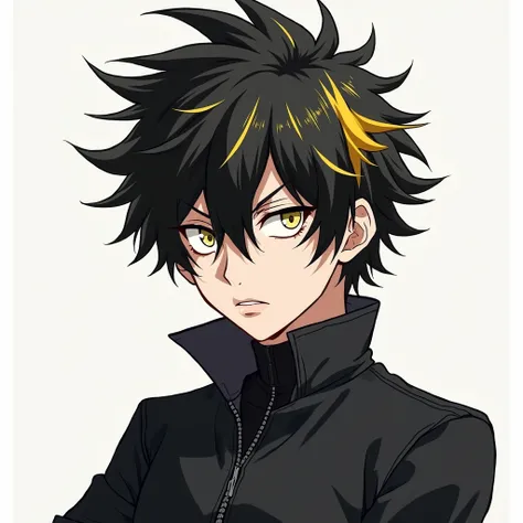 Bakugou,  anime style,  male,  White skin color,  white eyes , Short black hair with yellow tips,  black clothes