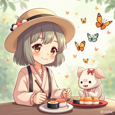 Kawaii woman with a hat writes Yuna who is eating sushi surrounded by butterflies 