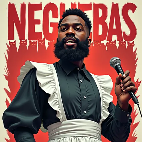 a black man,  with thick lips and a beard wearing maid clothes , He has a microphone in his hand and underneath it is written NegueBas Prime in the shape of cats