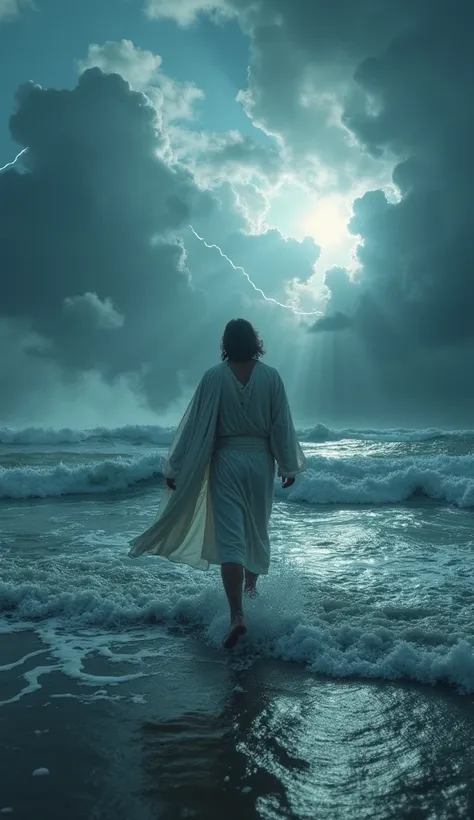 esus walking on a
stormy sea under a
dramatic, cloud-filled sky,
lightning illuminating the
background, waves
roaring with intense
motion, his figure calm
and commanding, robes
wet and flowing with the
wind, a divine glow
emanating from him,
ultra-realisti...